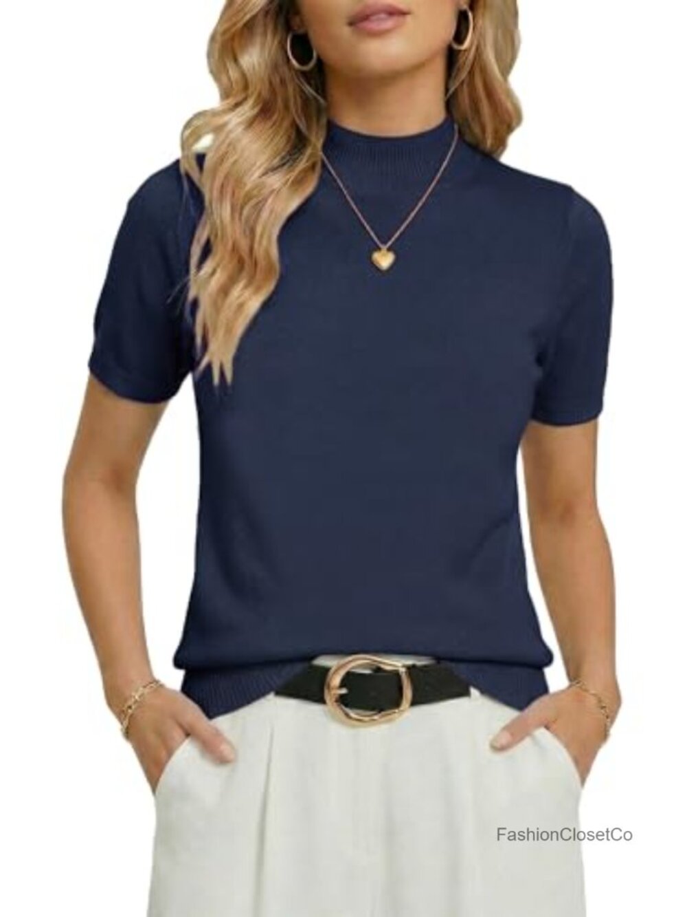 Womens Short Sleeve Mock Neck Knit Sweater Business Casual Top